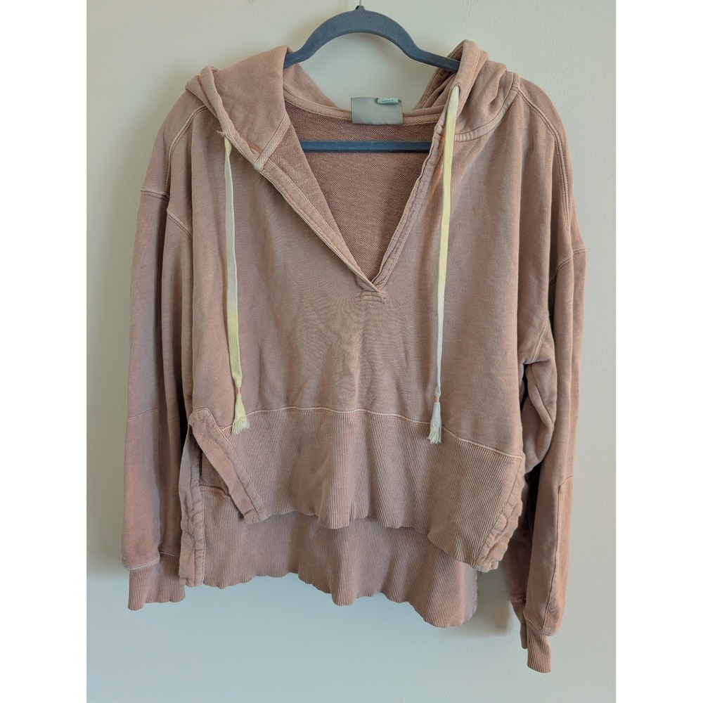 Saturday Sunday Anthropologie tan Pink V-Neck Hoodie Cotton Pullover Medium